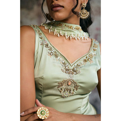 Saanjh by Lea Sameera Sage Green Hand Embroidered Sharara With Kurti And Dupatta