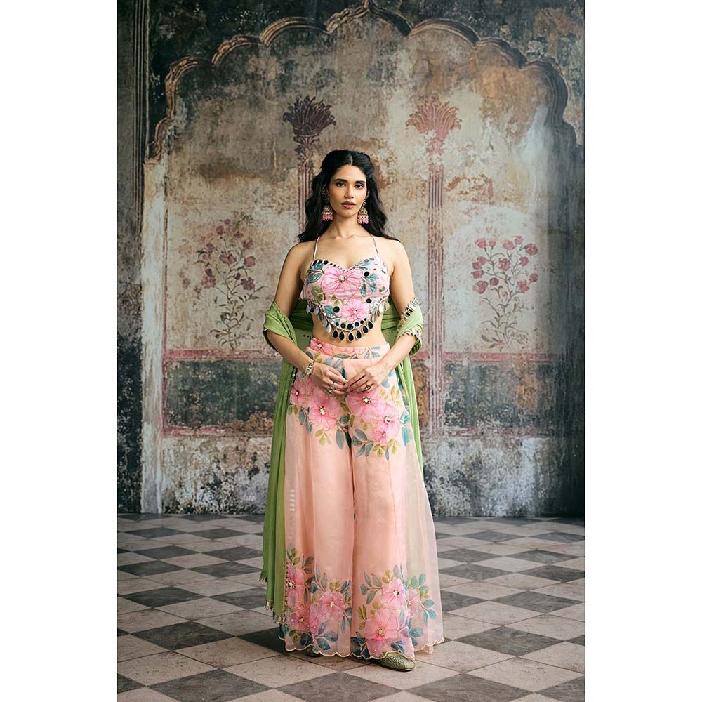 Saanjh by Lea Naira Peach Floral Organza Mirror Blouse With Sharara And Dupatta