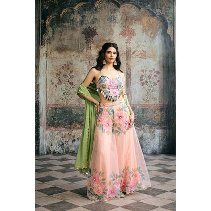 Saanjh by Lea Naira Peach Floral Organza Mirror Blouse With Sharara And Dupatta