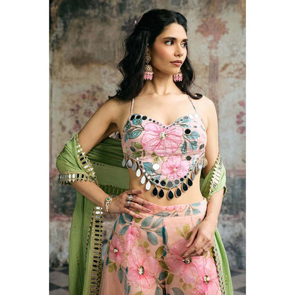 Saanjh by Lea Naira Peach Floral Organza Mirror Blouse With Sharara And Dupatta