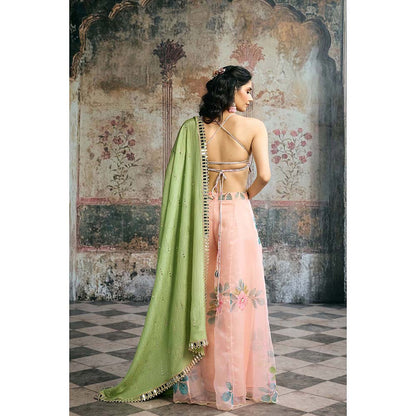 Saanjh by Lea Naira Peach Floral Organza Mirror Blouse With Sharara And Dupatta