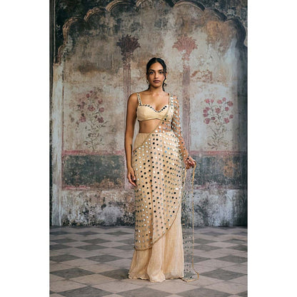 Saanjh by Lea Beige Sayra Mirror Pre-Draped Saree with Stitched Blouse