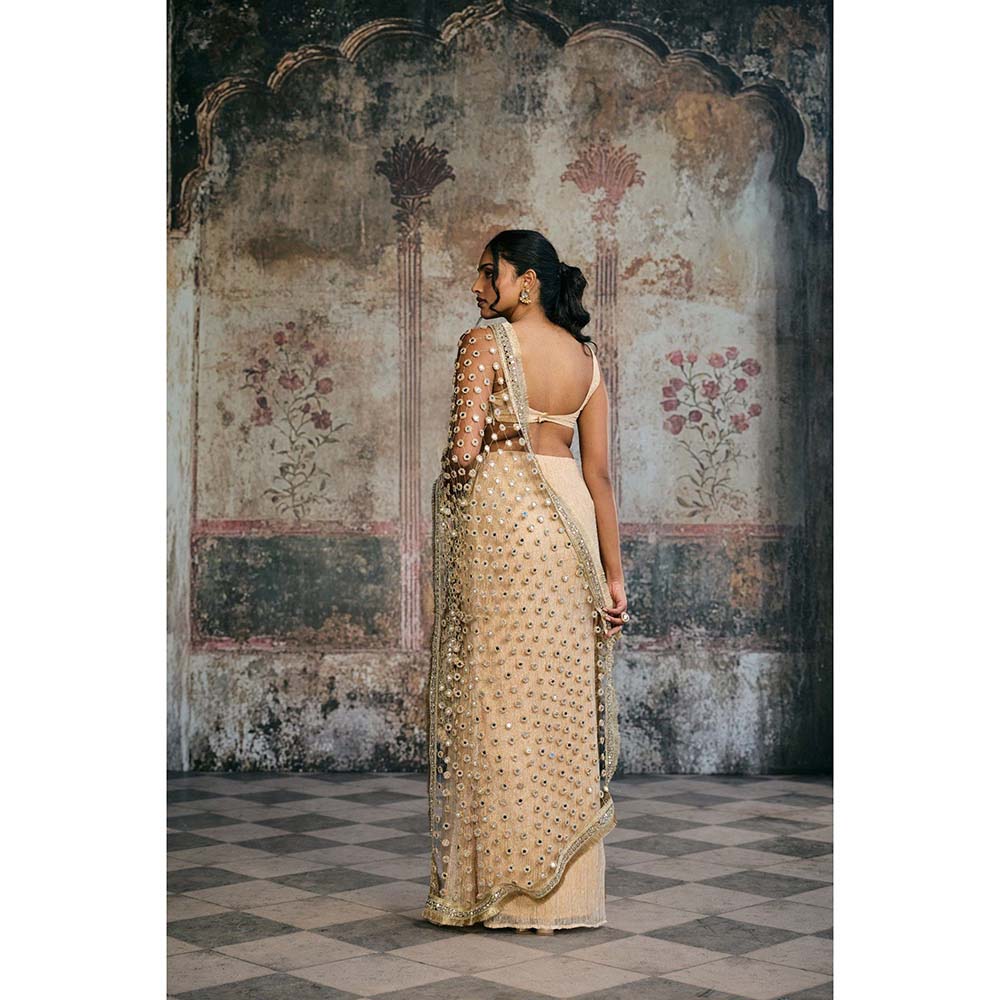 Saanjh by Lea Beige Sayra Mirror Pre-Draped Saree with Stitched Blouse