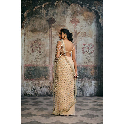 Saanjh by Lea Beige Sayra Mirror Pre-Draped Saree with Stitched Blouse