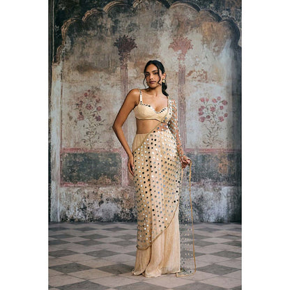 Saanjh by Lea Beige Sayra Mirror Pre-Draped Saree with Stitched Blouse