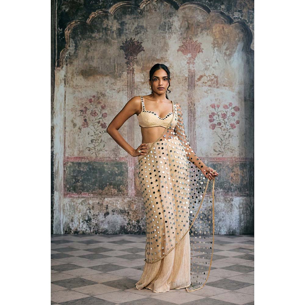 Saanjh by Lea Beige Sayra Mirror Pre-Draped Saree with Stitched Blouse