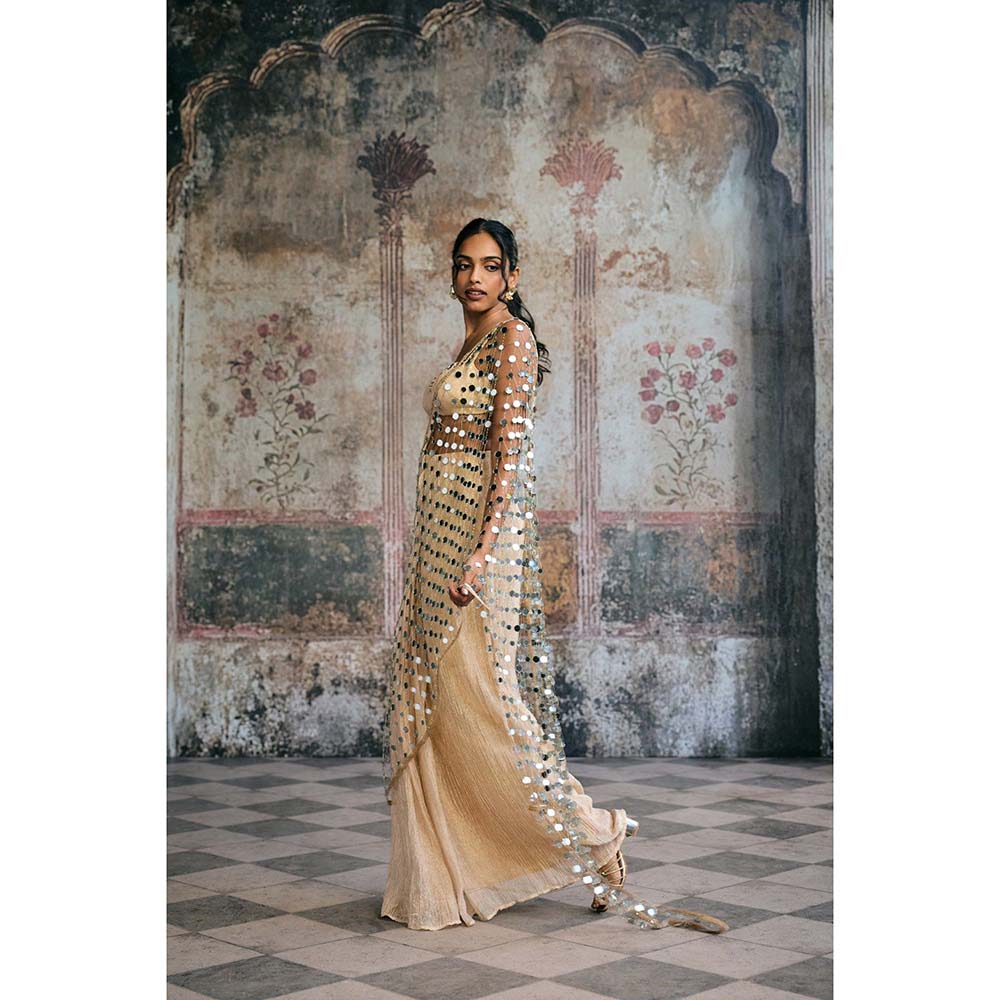 Saanjh by Lea Beige Sayra Mirror Pre-Draped Saree with Stitched Blouse