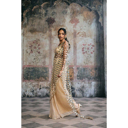Saanjh by Lea Beige Sayra Mirror Pre-Draped Saree with Stitched Blouse