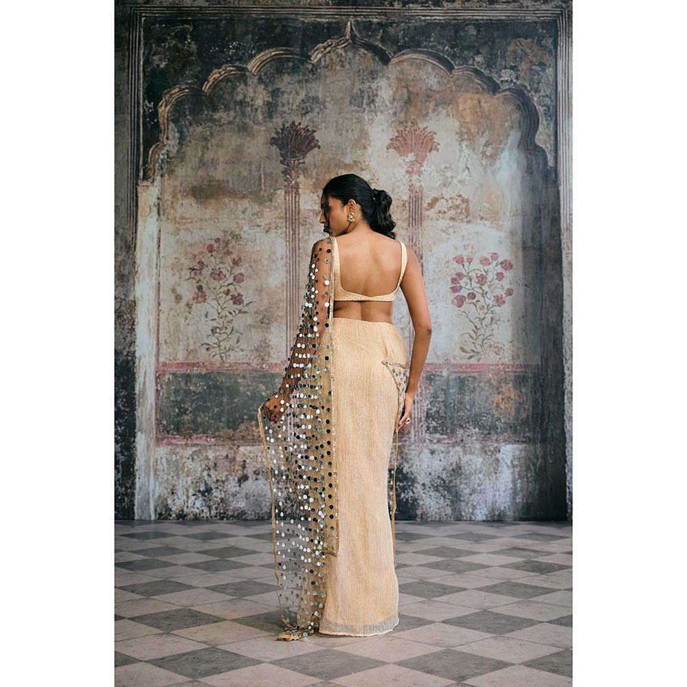 Saanjh by Lea Beige Sayra Mirror Pre-Draped Saree with Stitched Blouse