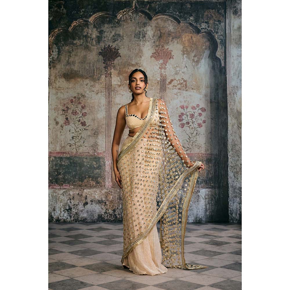 Saanjh by Lea Beige Sayra Mirror Pre-Draped Saree with Stitched Blouse