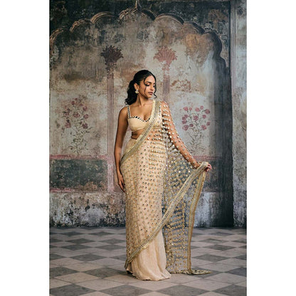 Saanjh by Lea Beige Sayra Mirror Pre-Draped Saree with Stitched Blouse