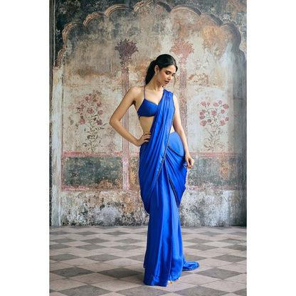 Saanjh by Lea Naina Cobalt Blue Satin Pre-Draped Saree with Stitched Blouse