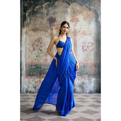 Saanjh by Lea Naina Cobalt Blue Satin Pre-Draped Saree with Stitched Blouse