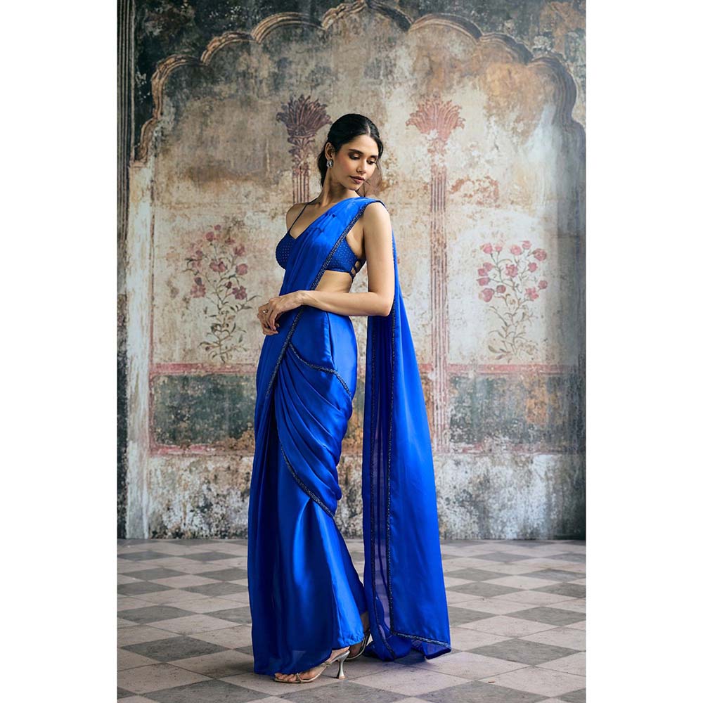 Saanjh by Lea Naina Cobalt Blue Satin Pre-Draped Saree with Stitched Blouse