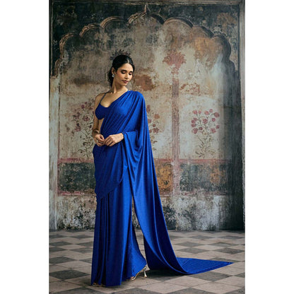 Saanjh by Lea Neel Electric Blue Pre-Draped Saree with Stitched Blouse