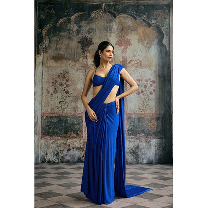 Saanjh by Lea Neel Electric Blue Pre-Draped Saree with Stitched Blouse