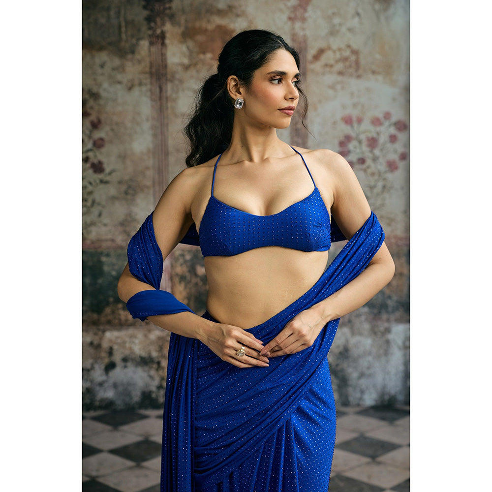 Saanjh by Lea Neel Electric Blue Pre-Draped Saree with Stitched Blouse