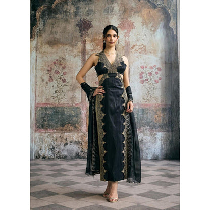 Saanjh by Lea Kaia Black and Gold Silk Embroidered Kurta with Pant and Dupatta