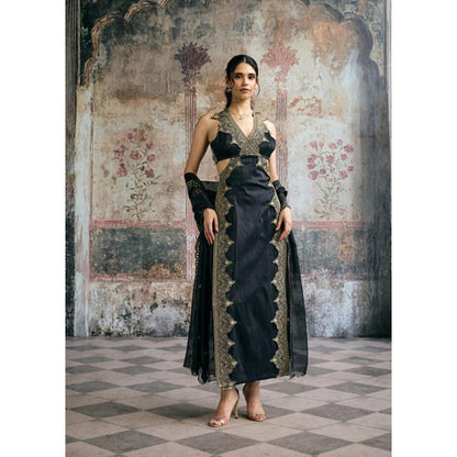 Saanjh by Lea Kaia Black and Gold Silk Embroidered Kurta with Pant and Dupatta