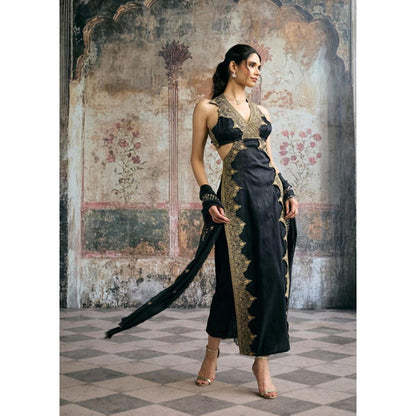 Saanjh by Lea Kaia Black and Gold Silk Embroidered Kurta with Pant and Dupatta
