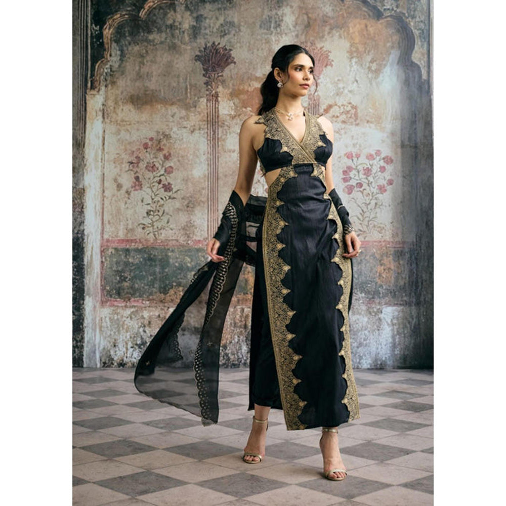 Saanjh by Lea Kaia Black and Gold Silk Embroidered Kurta with Pant and Dupatta