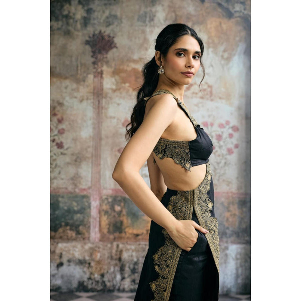 Saanjh by Lea Kaia Black and Gold Silk Embroidered Kurta with Pant and Dupatta