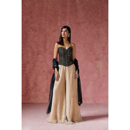 Saanjh by Lea Zafira Black Embroidered Velvet Corset with Palazzo & Dupatta