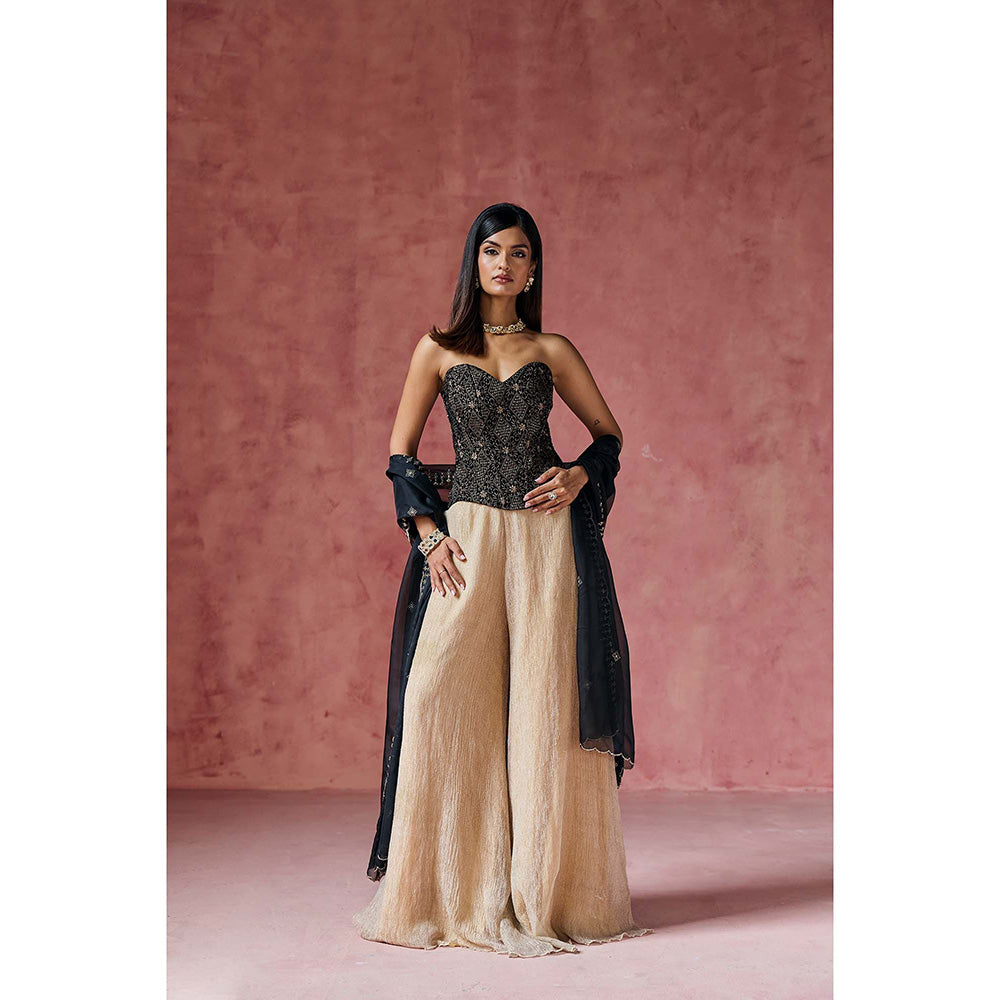 Saanjh by Lea Zafira Black Embroidered Velvet Corset with Palazzo & Dupatta