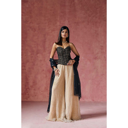 Saanjh by Lea Zafira Black Embroidered Velvet Corset with Palazzo & Dupatta