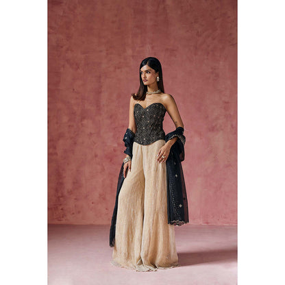 Saanjh by Lea Zafira Black Embroidered Velvet Corset with Palazzo & Dupatta
