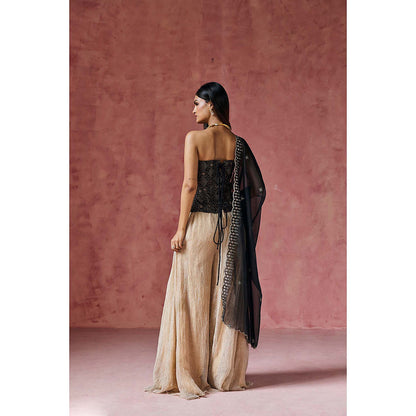 Saanjh by Lea Zafira Black Embroidered Velvet Corset with Palazzo & Dupatta