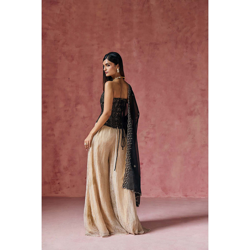 Saanjh by Lea Zafira Black Embroidered Velvet Corset with Palazzo & Dupatta