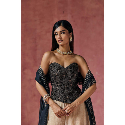 Saanjh by Lea Zafira Black Embroidered Velvet Corset with Palazzo & Dupatta