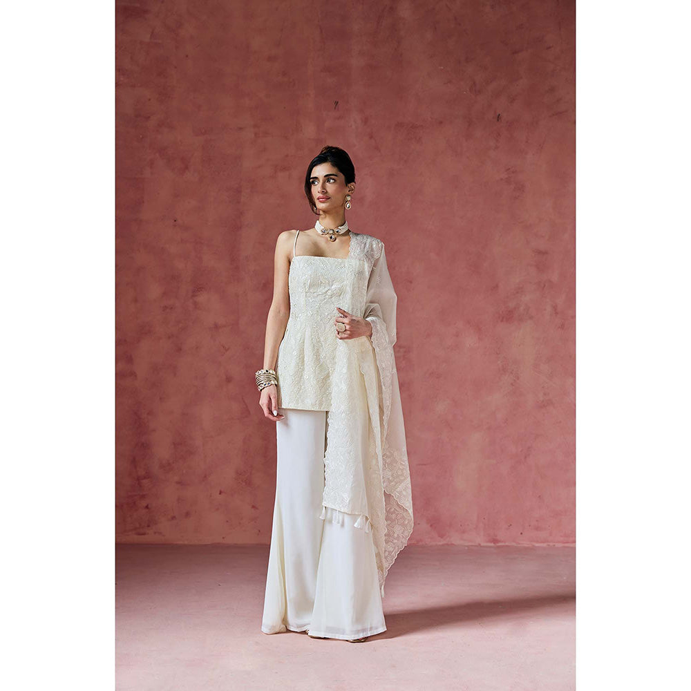 Saanjh by Lea Dove Ivory Embroidered Kurti with Palazzo & Dupatta