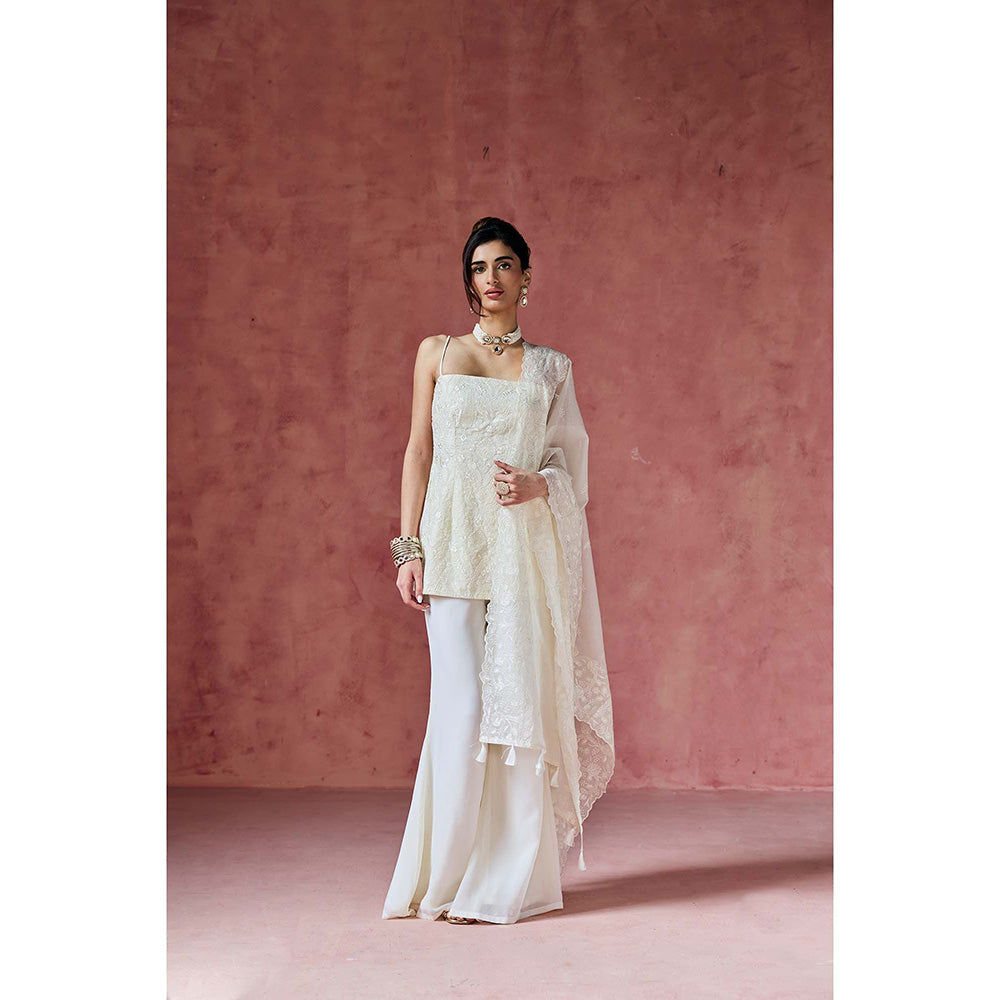 Saanjh by Lea Dove Ivory Embroidered Kurti with Palazzo & Dupatta