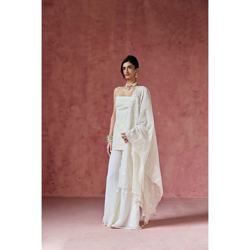 Saanjh by Lea Dove Ivory Embroidered Kurti with Palazzo & Dupatta
