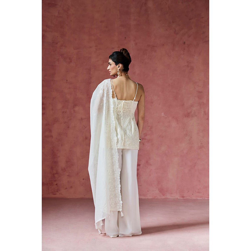 Saanjh by Lea Dove Ivory Embroidered Kurti with Palazzo & Dupatta