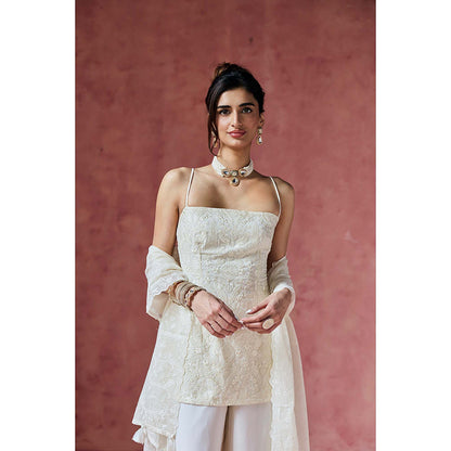 Saanjh by Lea Dove Ivory Embroidered Kurti with Palazzo & Dupatta