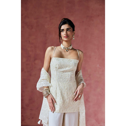 Saanjh by Lea Dove Ivory Embroidered Kurti with Palazzo & Dupatta