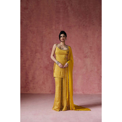 Saanjh by Lea Ria Mustard Bandhani Embellished Kurti with Palazzo & Dupatta