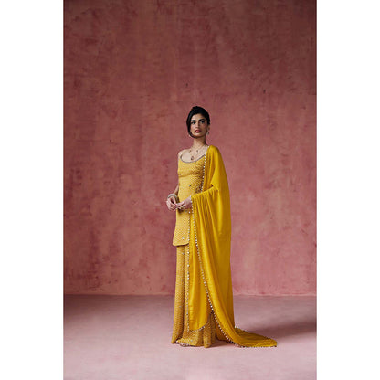 Saanjh by Lea Ria Mustard Bandhani Embellished Kurti with Palazzo & Dupatta