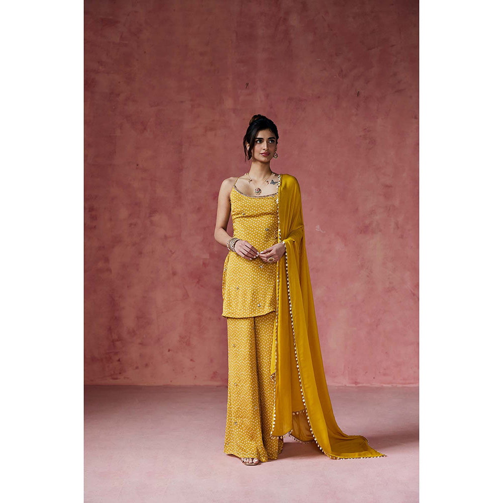 Saanjh by Lea Ria Mustard Bandhani Embellished Kurti with Palazzo & Dupatta