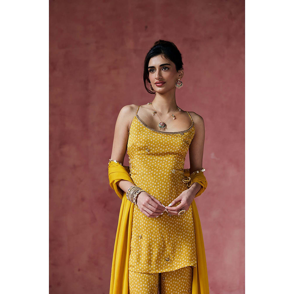 Saanjh by Lea Ria Mustard Bandhani Embellished Kurti with Palazzo & Dupatta