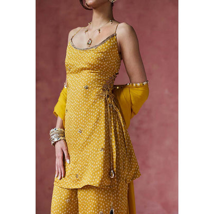 Saanjh by Lea Ria Mustard Bandhani Embellished Kurti with Palazzo & Dupatta