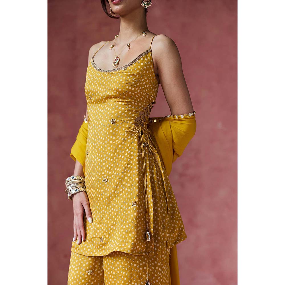 Saanjh by Lea Ria Mustard Bandhani Embellished Kurti with Palazzo & Dupatta