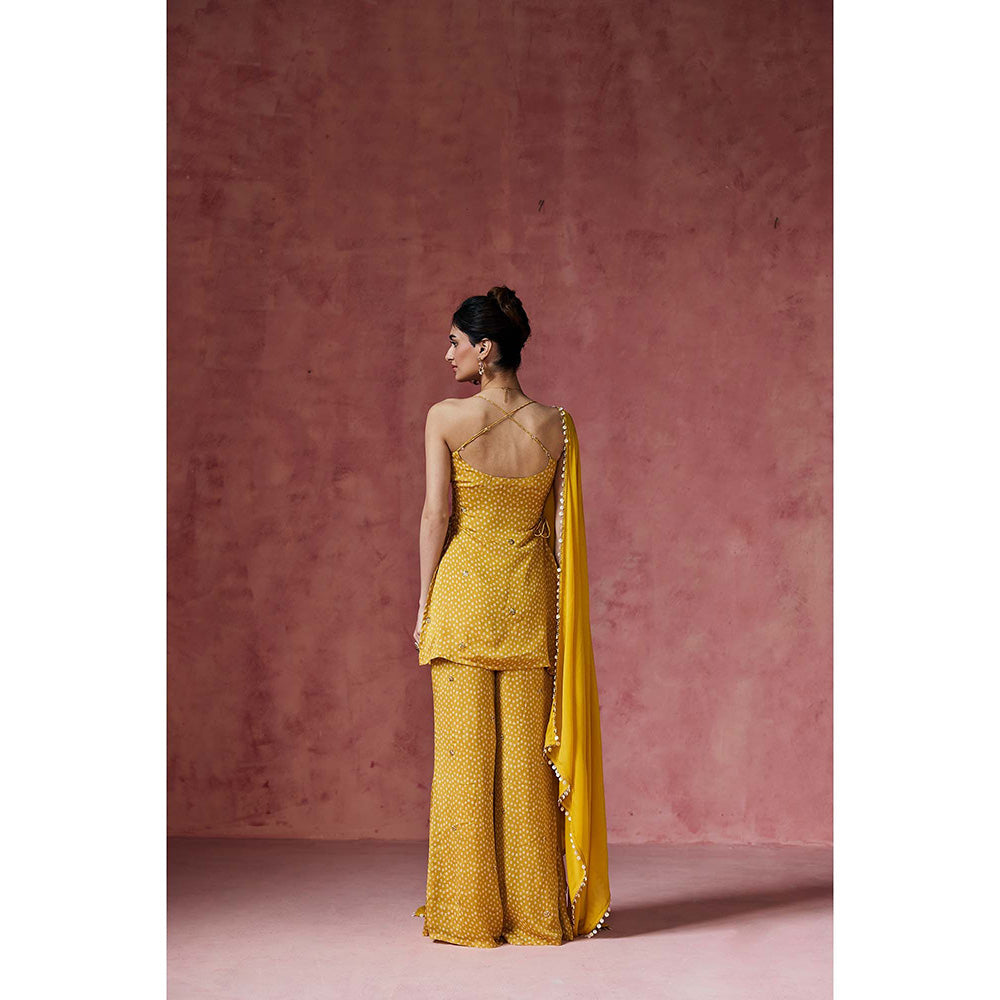 Saanjh by Lea Ria Mustard Bandhani Embellished Kurti with Palazzo & Dupatta