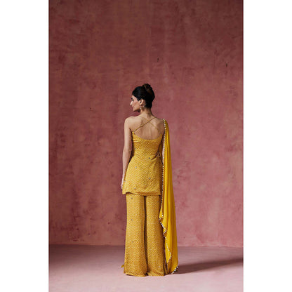 Saanjh by Lea Ria Mustard Bandhani Embellished Kurti with Palazzo & Dupatta