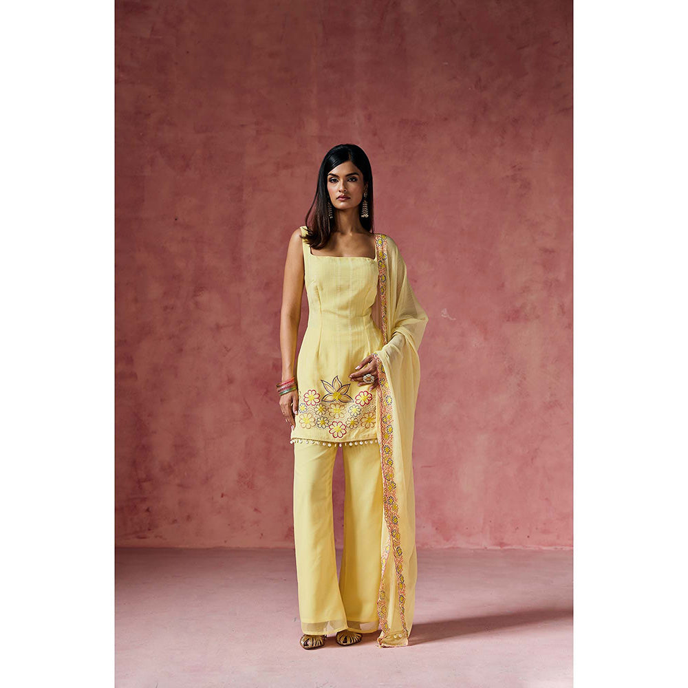 Saanjh by Lea Ziya Yellow Floral Embroidered Kurti with Palazzo & Dupatta