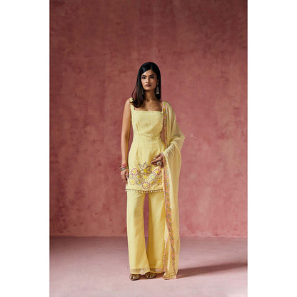 Saanjh by Lea Ziya Yellow Floral Embroidered Kurti with Palazzo & Dupatta