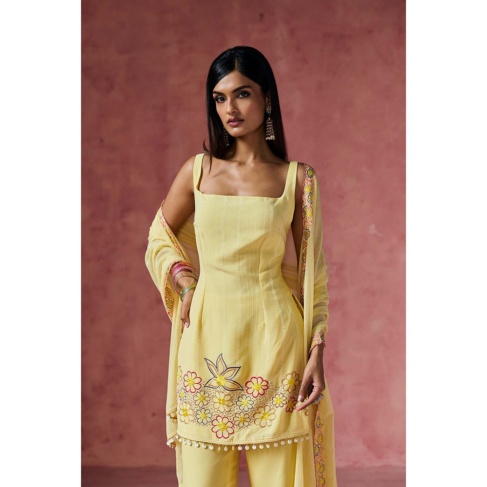 Saanjh by Lea Ziya Yellow Floral Embroidered Kurti with Palazzo & Dupatta